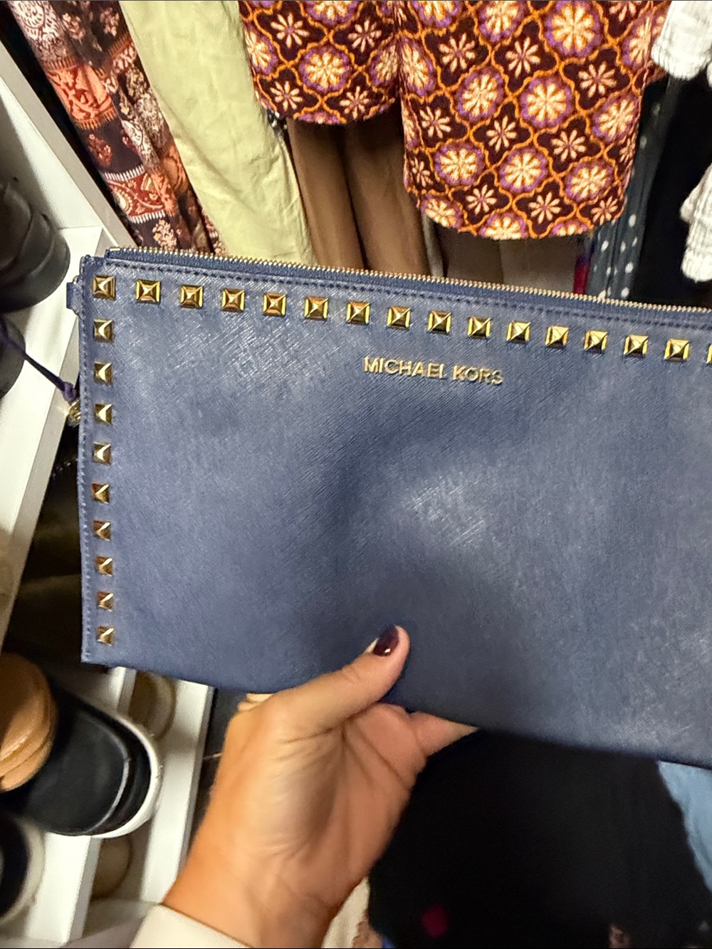 Michael Kors Navy Leather Studded Wristlet Clutch with Gold Hardware